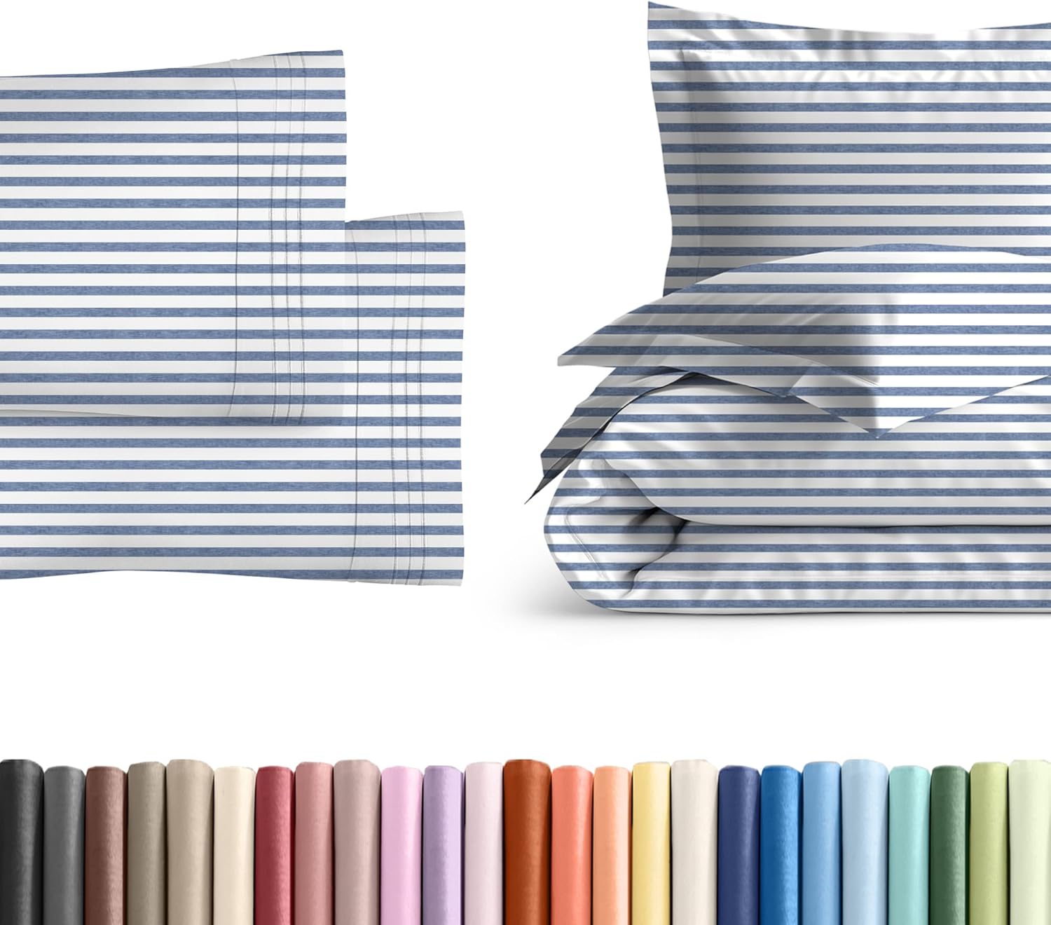 King Pillow Cases Set of 2 with Duvet Cover - Hotel Quality Pillowcase Covers - Comfy Luxury Bedding for Women, Men, Kids & Teens - Machine Washable Protectors - 2 Piece Set - King Size Blue Stripes