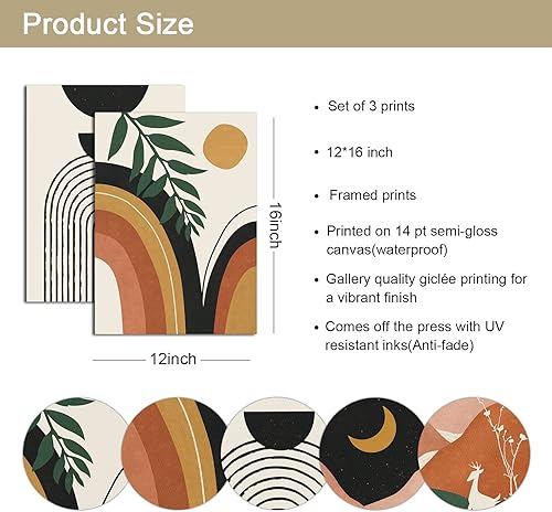 Miniatura 3 de Juego de 3 arte de pared bohemio enmarcado, decoración de pared bohemia, arte de pared moderno de mediados de siglo, impresiones geométricas