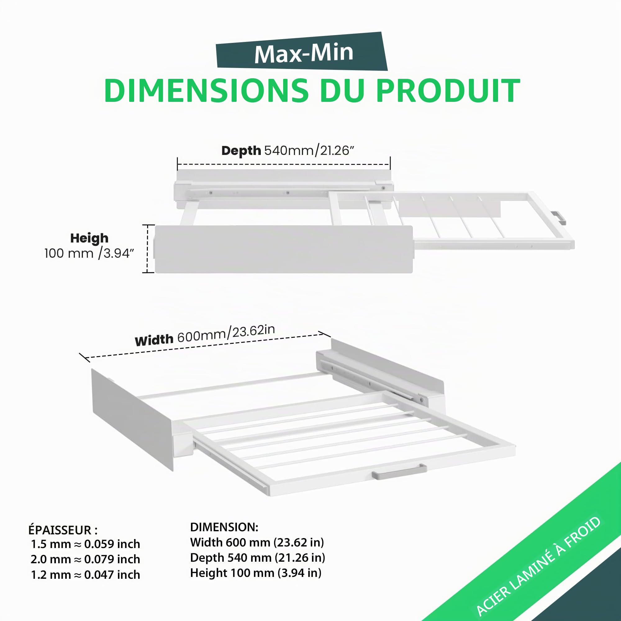 Hd-Line Cadre intermédiaire universel – Système de suspension – Pour machine à laver et sèche-linge, avec compartiment extractible, amortissant les vibrations et anti-basculement Dimensions, 15kg