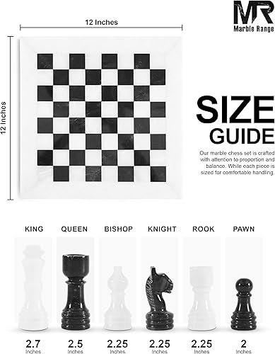 Miniatura 7 de Juego de ajedrez de mármol para adultos de 12 pulgadas, hecho a mano, blanco y negro, con 32 piezas de ajedrez, 2 reinas adicionales y caja de