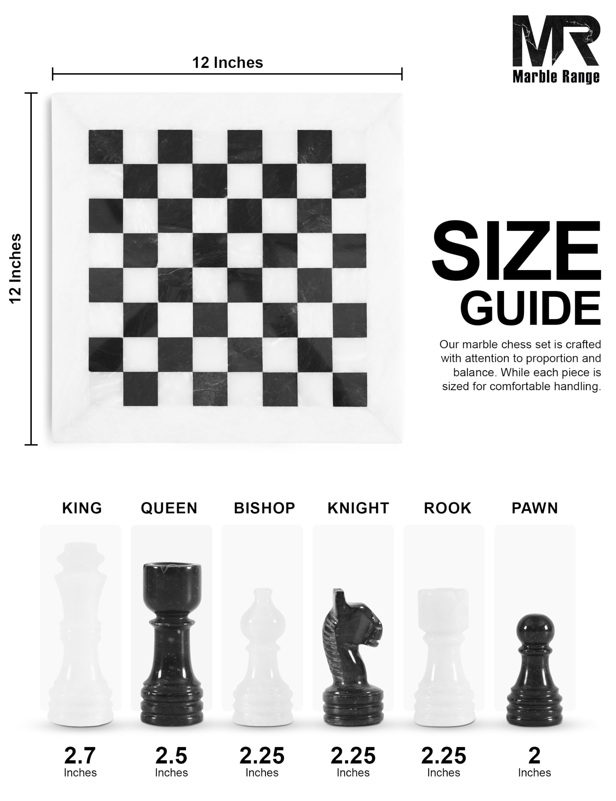 MARBLE RANGE Jeu d'échecs en marbre Fait Main de 12 inches avec boîte, pièces et 2 Dames. Élégant Jeu de Voyage pour Adultes, idéal comme Cadeau ou décoration d'intérieur