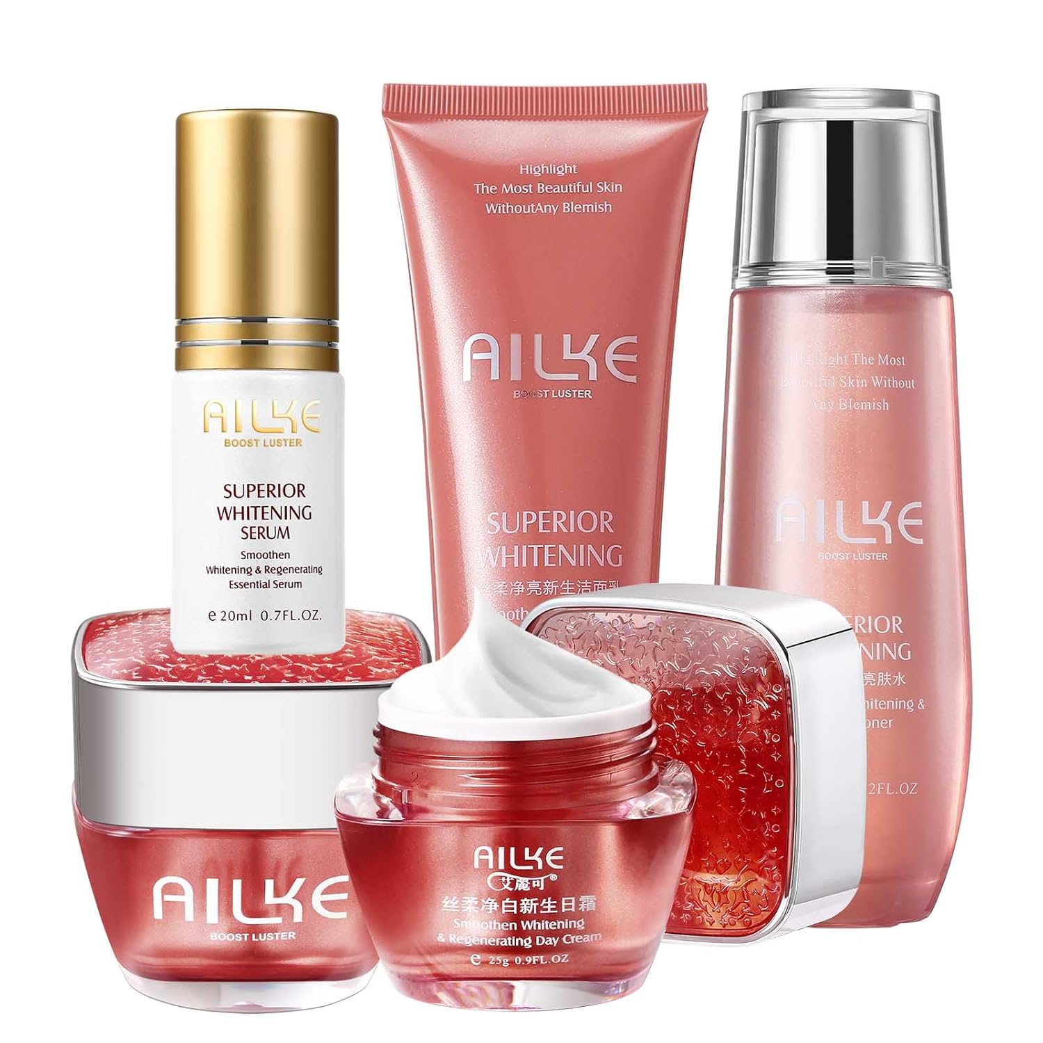 AILKE Brightening Skin Care Set, Reduce Dark Spots, Moisturizing, Clean Skin With Vitamin C, Sodium Hyaluronate, Rose Oil, Skin Radiant Kit For Women, Men