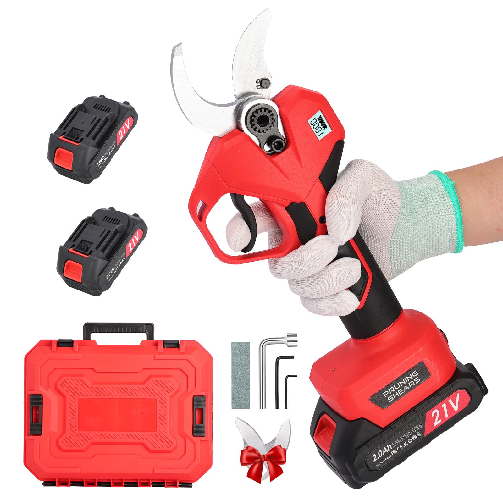 Forbice Potatura a Batteria 50mm: 2 x 21V/2000 mAh Batteria Cesoie Potatura Elettriche Professionali Forbice Elettrica per Potatura con LCD Display per Jardinage, Olives Rosso