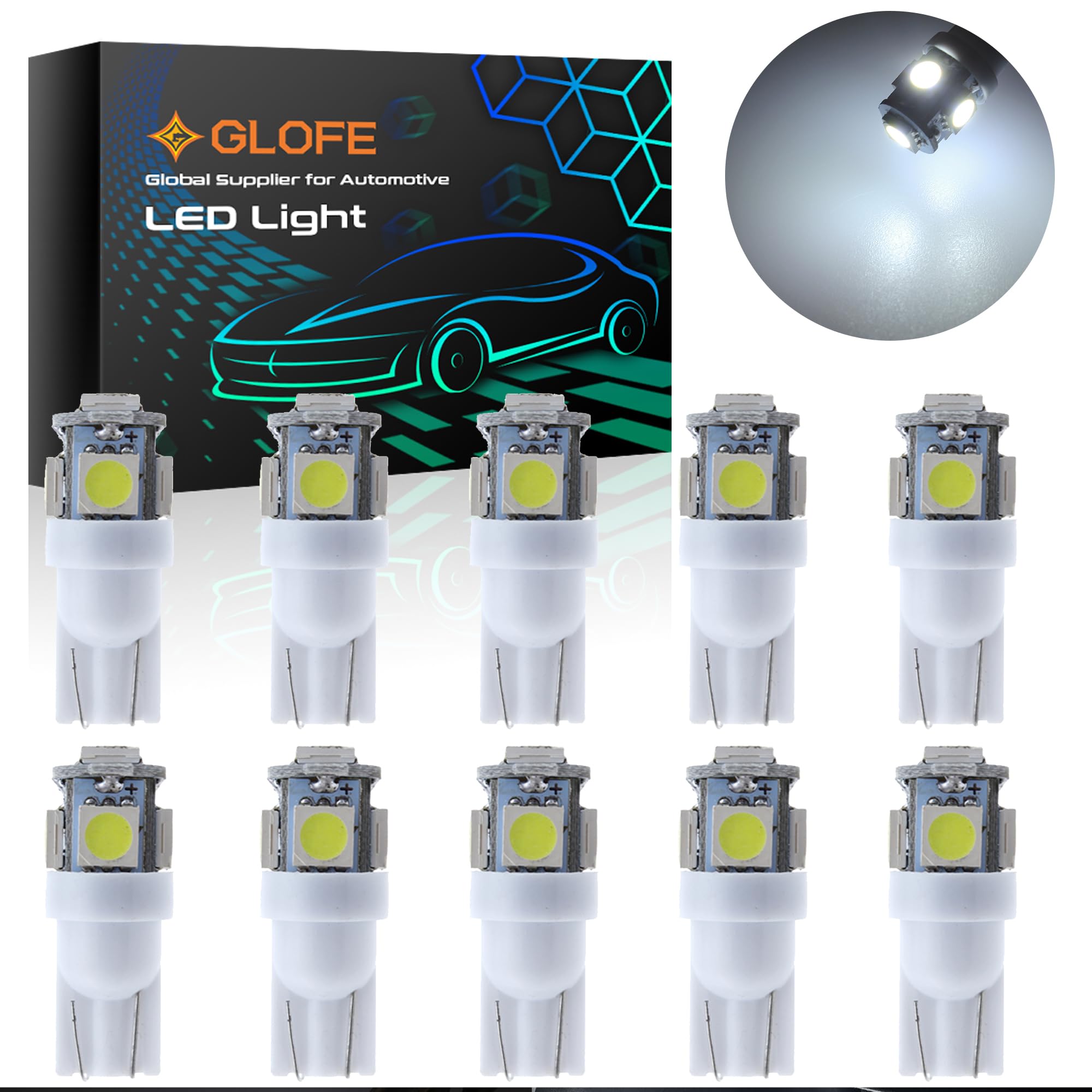 GLOFE 194 LED Light Bulb 6000K White 168 T10 2825 5SMD LED Replacement Bulbs for Car Dome Map Door Courtesy License Plate Dash Instrument Lights (Pack