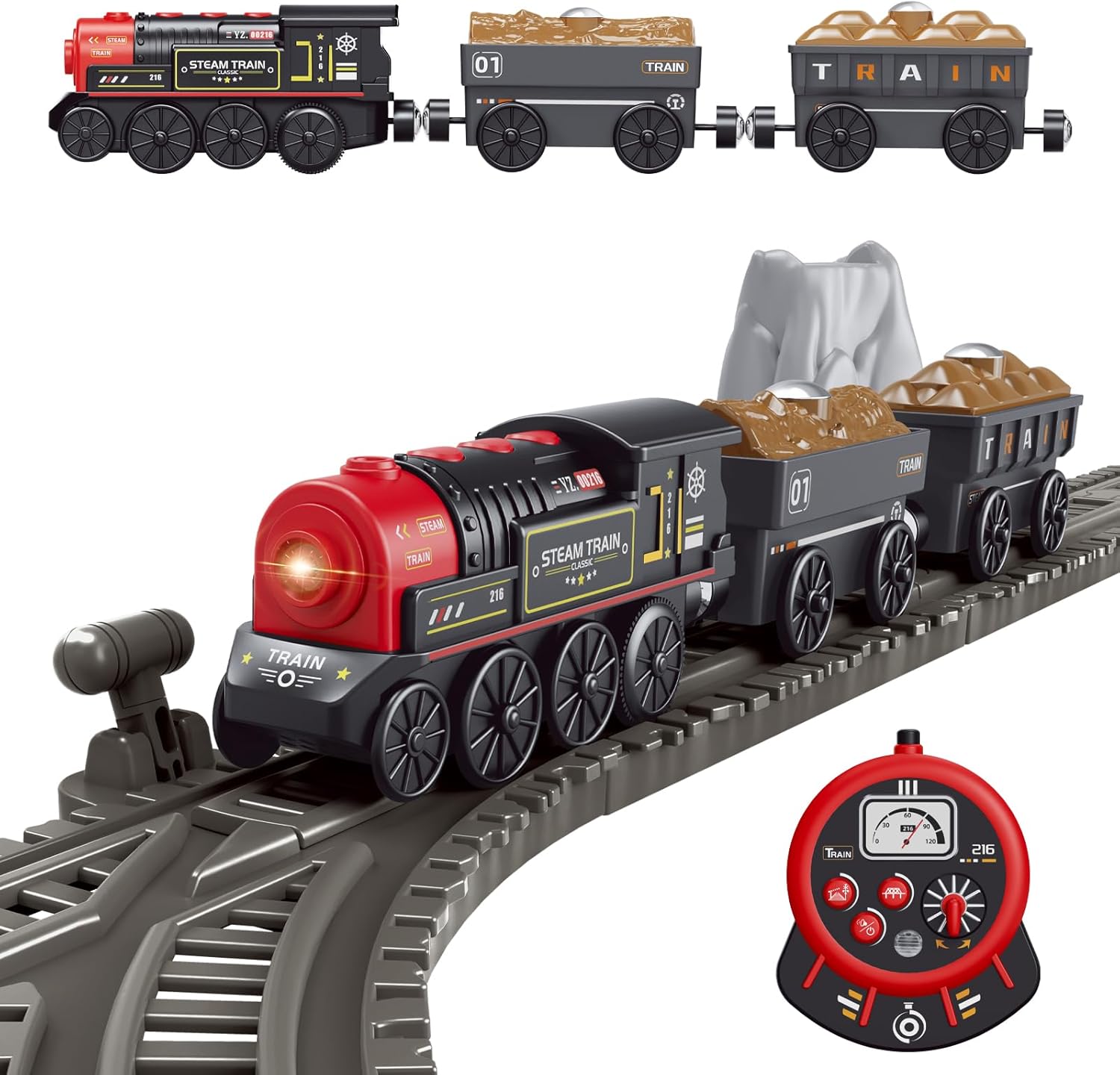 WOODENFUN Motorized Remote Control Train for Wooden Tracks - Battery Locomotive with Lights & Sounds, Compatible with Thomas, Brio, Chuggington, KidKraft