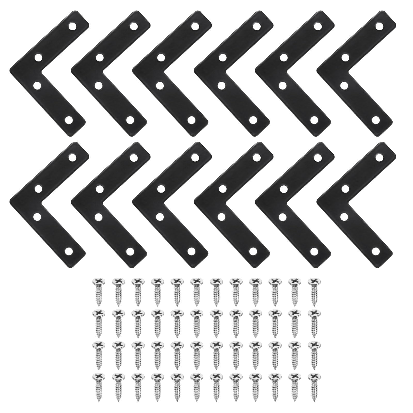 sourcing map 12Pcs l Shape Flat Bracket, 2.36" x 2.36" Metal Flat Corner Bracket Right Angle Corner Brace Mending Plate with Screws for Wood Frame Furniture Fixing Joining, Black