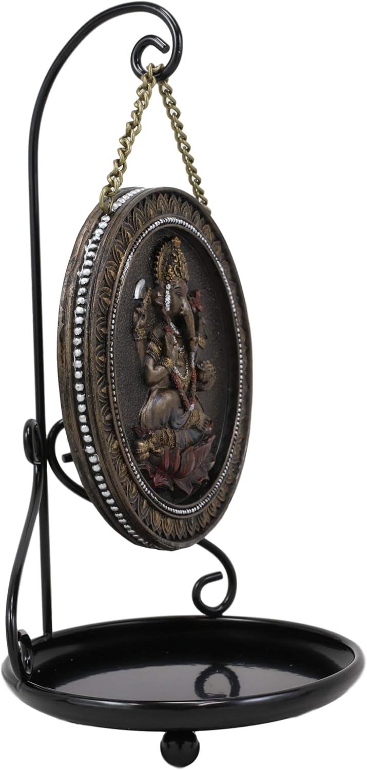 Ebros Gift Hindu God of Prosperity Ganesha Seated On Lotus Throne Round Medallion Disk Backflow Incense Cone Holder Burner Figurine Hanging On Display Stand Home Fragrance Tabletop Altar Decor