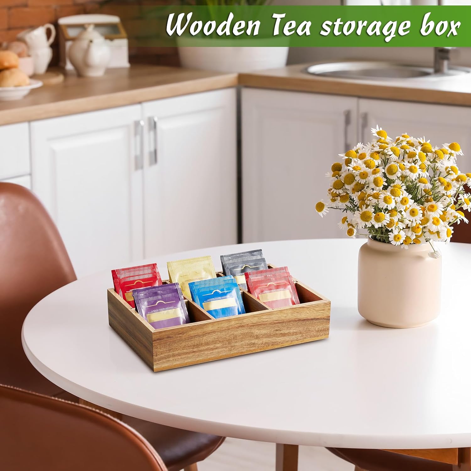 DRASTAR Tea Bag Organizer, Acacia Wooden Tea Bag Holder, Tea Storage Containers with 6 Slots, Sugar Packet Holder, Tea Bag Caddy Box for Countertop image 2