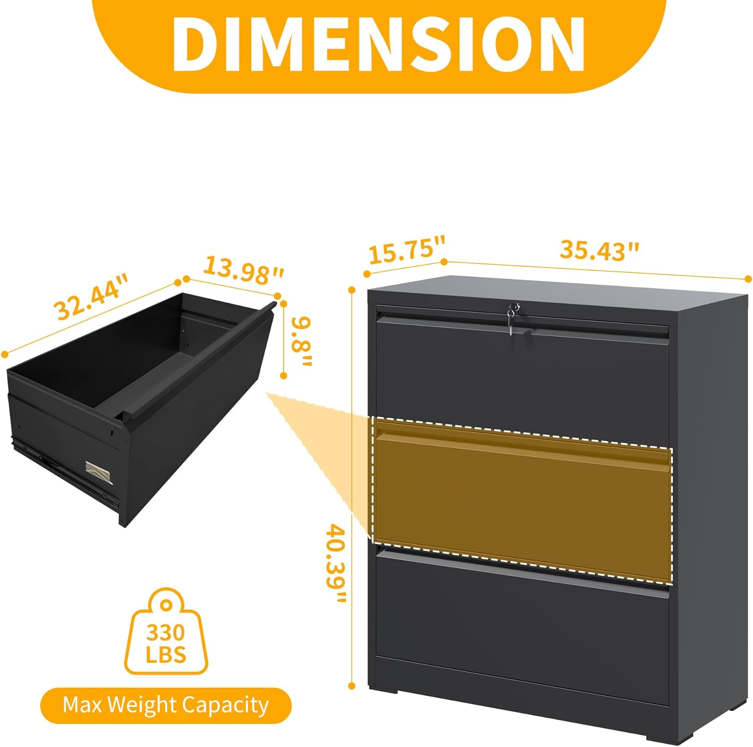 File Cabinet with Lock, 3 Drawer Lateral Filing Cabinet for Home Office, Metal Heavy Duty File Cabinets for Hanging Letter/Legal/F4/A4 Size Files, Assembly Required (Black)