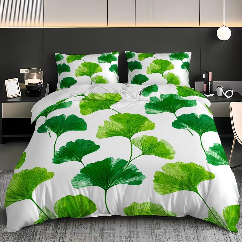 3-częściowy komplet pościeli 200 x 200 cm, z mikrofibry, proste liście miłorzębu, poszewka na kołdrę z zamkiem błyskawicznym, 80 x 80 cm, zielona, oddychająca, nie wymaga prasowania i miękka poszwa na