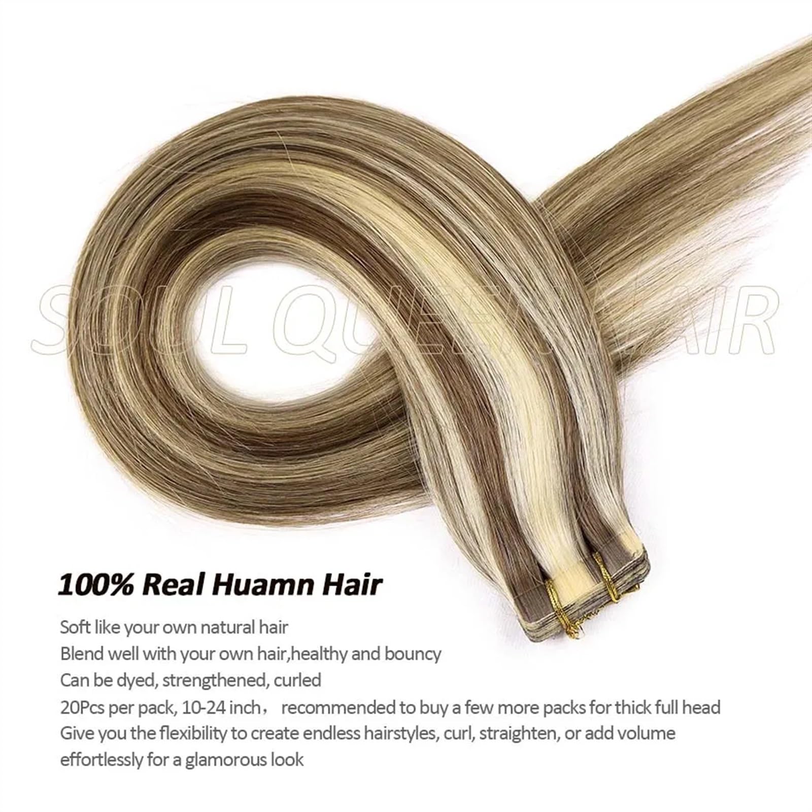 Bandverlängerungen Gerade Menschenhaar Remy Band in Menschenhaar Extensions PU-Band Aschebraun Leuchtendes Blondband Haarverlängerung (20 pcs,24