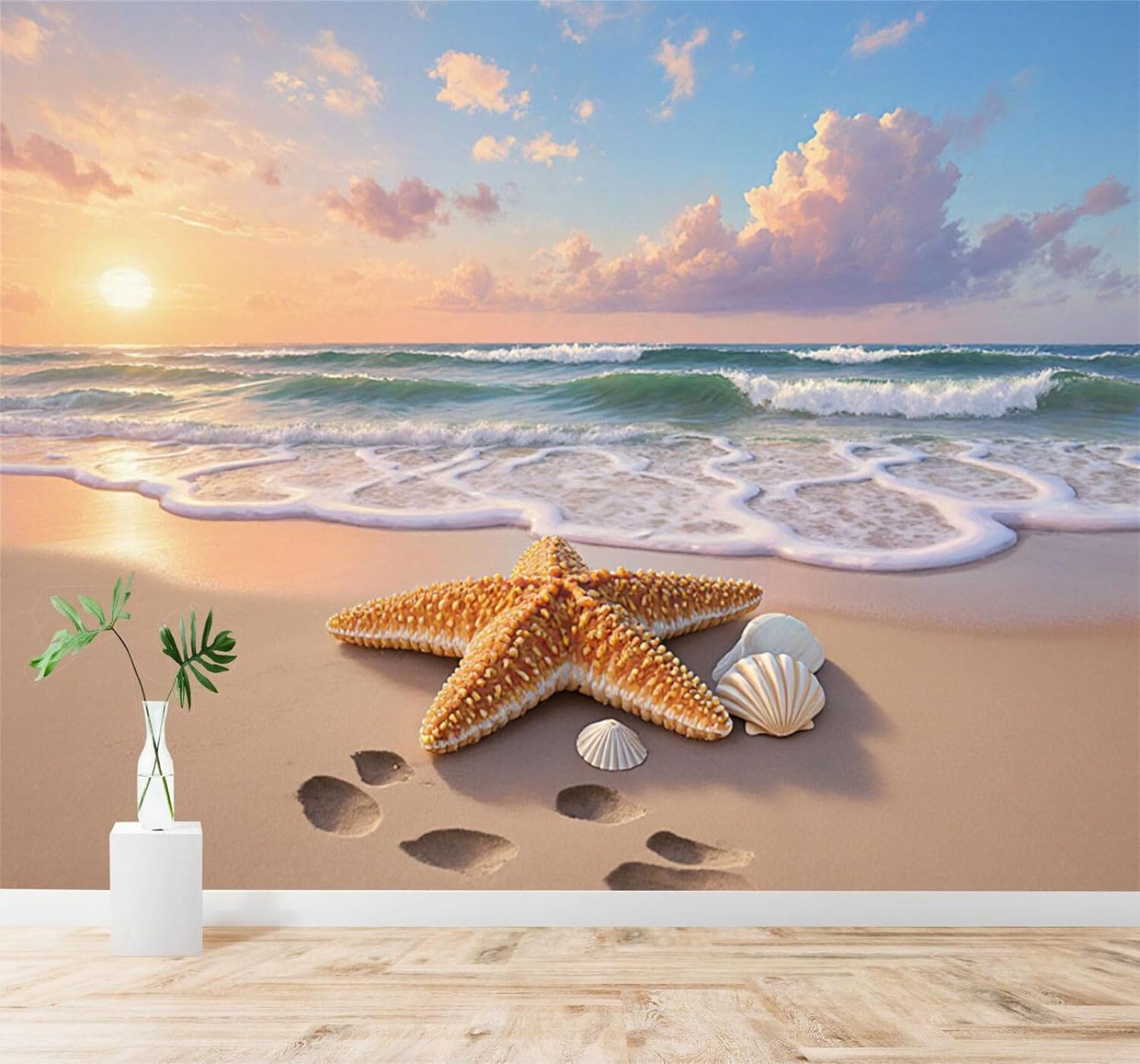 XLMING Starfish Shells Beach Waves Sunset Sky 3D Wallpaper Silky Texture Home Study Office Grey Dining Room Sofa Bedroom Living Room TV Backdrop-150cm×105cm