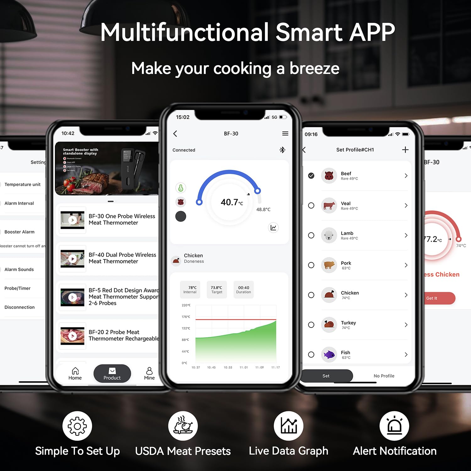 BFOUR BF-30 Pro, termometro per carne senza fili, display LCD Bluetooth, connessione app, 100% impermeabile, per barbecue, forno, affumicatura, arrosto ad aria