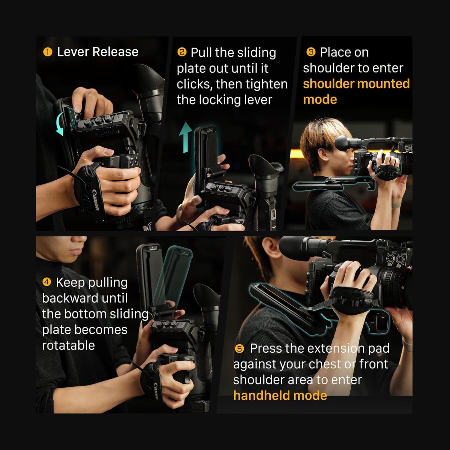 Tilta Verlängerbare Schulterpolster-Grundplatte für Camcorder Kompatibel mit XF605, Z380, Z280 und Z200 mit 1/4″-20 und 3/8″-16 Gewinde – Schwarz TA-ESB-B