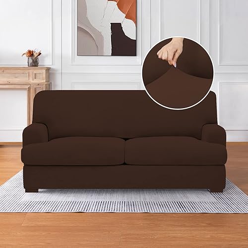 Miniatura 8 de molasofa Funda para sofá biplaza con cojín en T, 3 piezas, elástica, lavable, sin pelusas, antideslizante, con 2 fundas individuales de asiento con