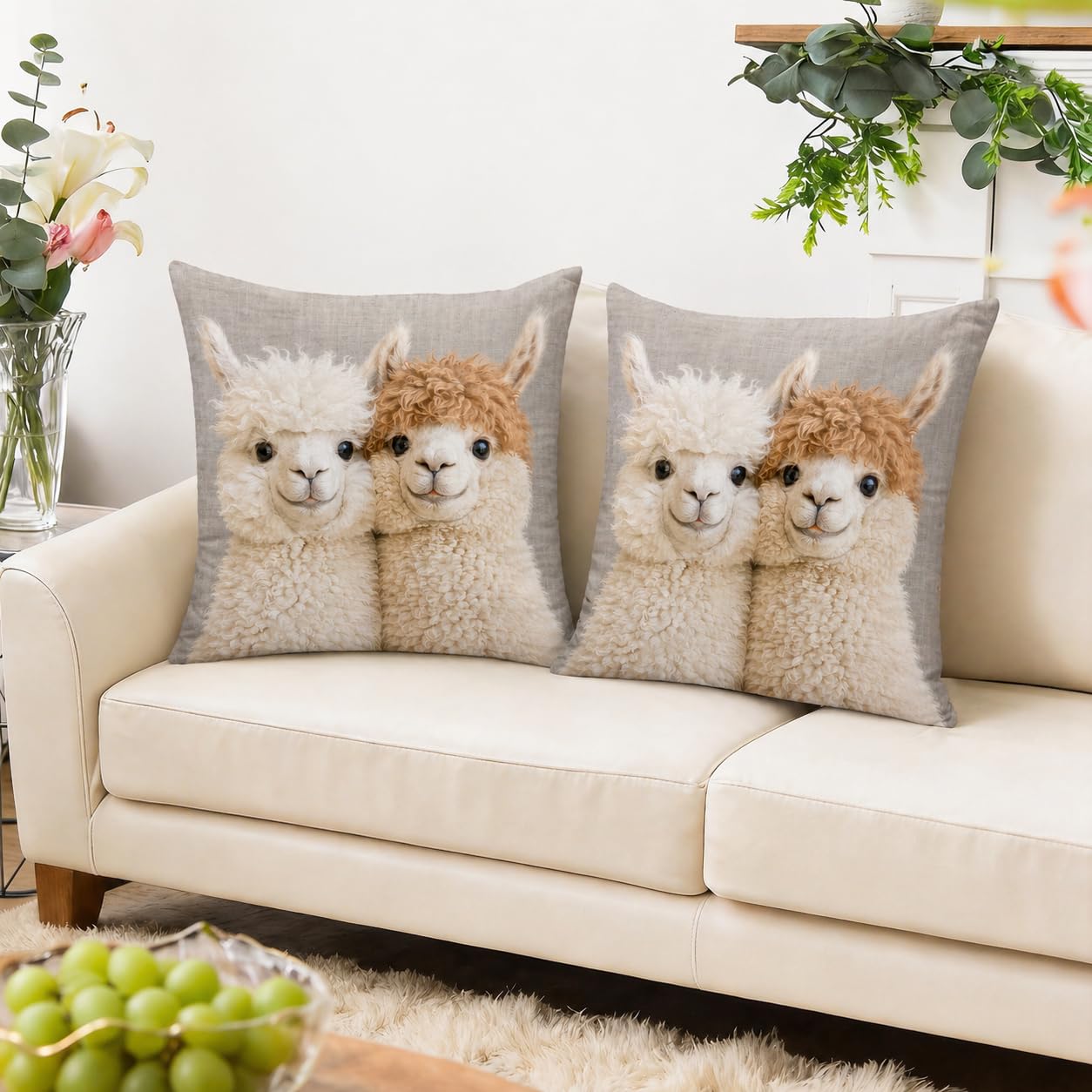 Gemdoit Cushion Covers 45 x 45 – Pack of 2 Super Soft Sofa Covers with Invisible Zipper, Square Decorative Llama Print Throw Pillows for Living Room, 18 x 18 Inch