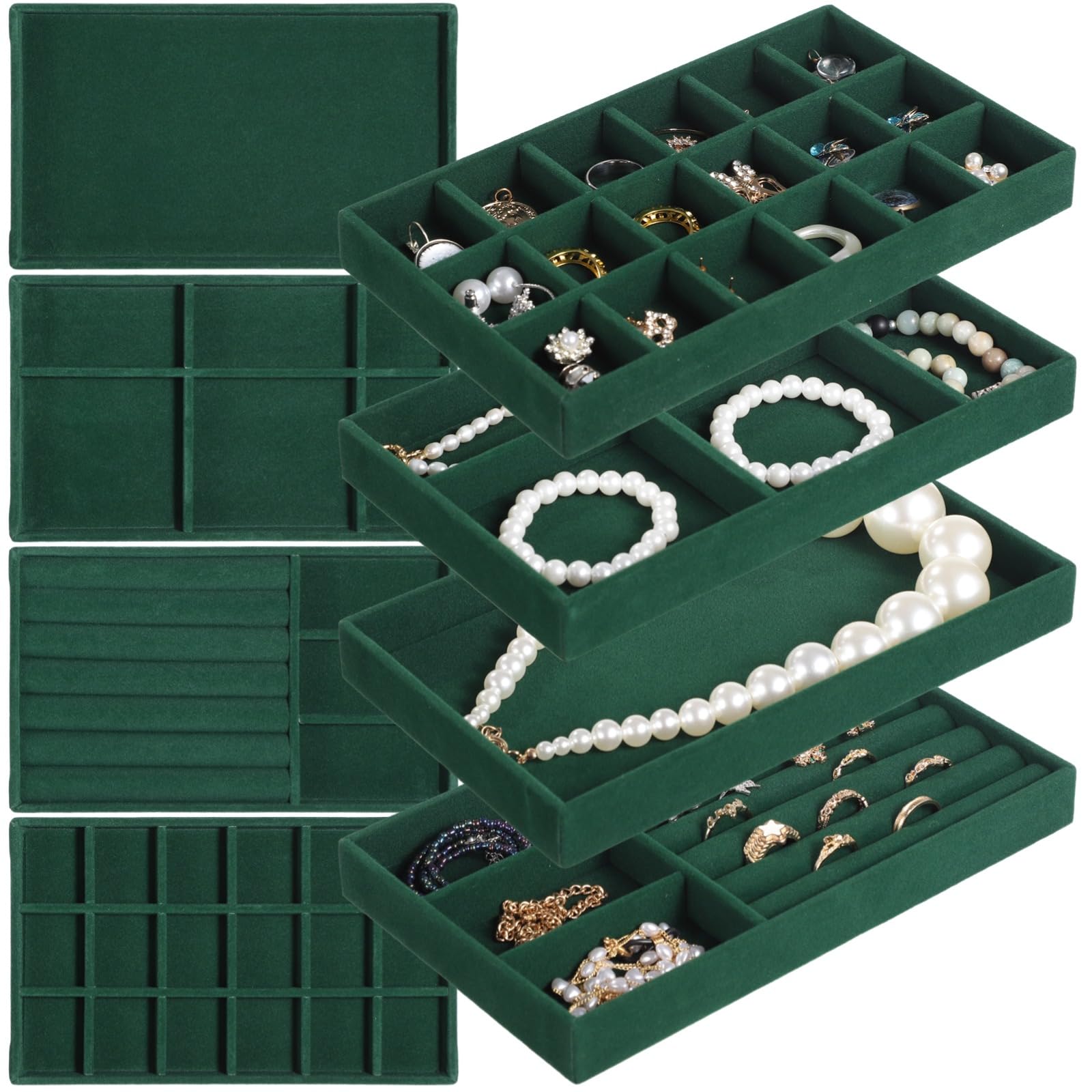 Packool 4 PCS Jewelry Drawer Organizers, Multiple Compartment Layouts, Dark Green Velvet Jewelry Tray for Drawer, Detachable Divider, Stackable Trays for Rings, Earrings, Bracelets, Necklaces