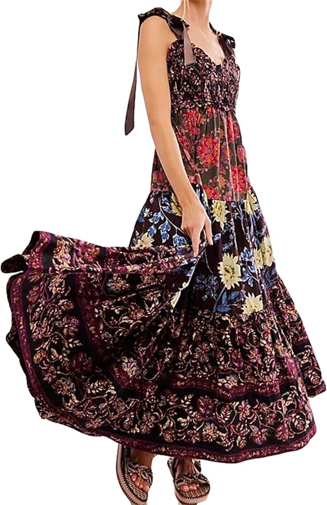 Amazon.com: Recious Womens Sexy Sleeveless Lace Up Deep V Neck Floral  Printed A-line Party Clubwear Vacation Boho Dress Black : Clothing, Shoes &  Jewelry