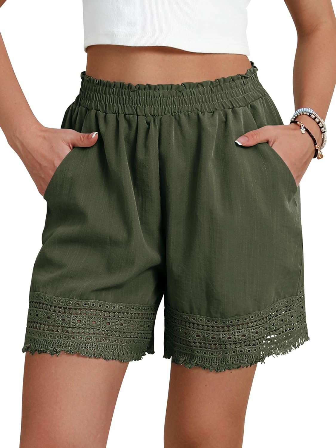 Women's Casual Elastic Waist Lounge Shorts Comfy Stretch Lace Trim Summer Beach Linen Ruffle Shorts - Image 7