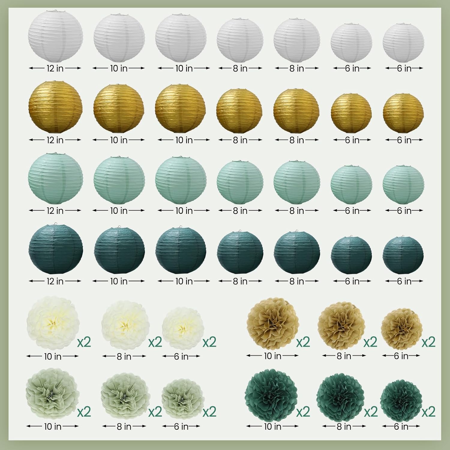 52 Pcs Sage Gree Party Decorations 24 Fiesta Tissue Paper Pom Poms 28 Hanging Paper Lanterns for Birthday Wedding Bridal Baby Shower, Grenn White Green