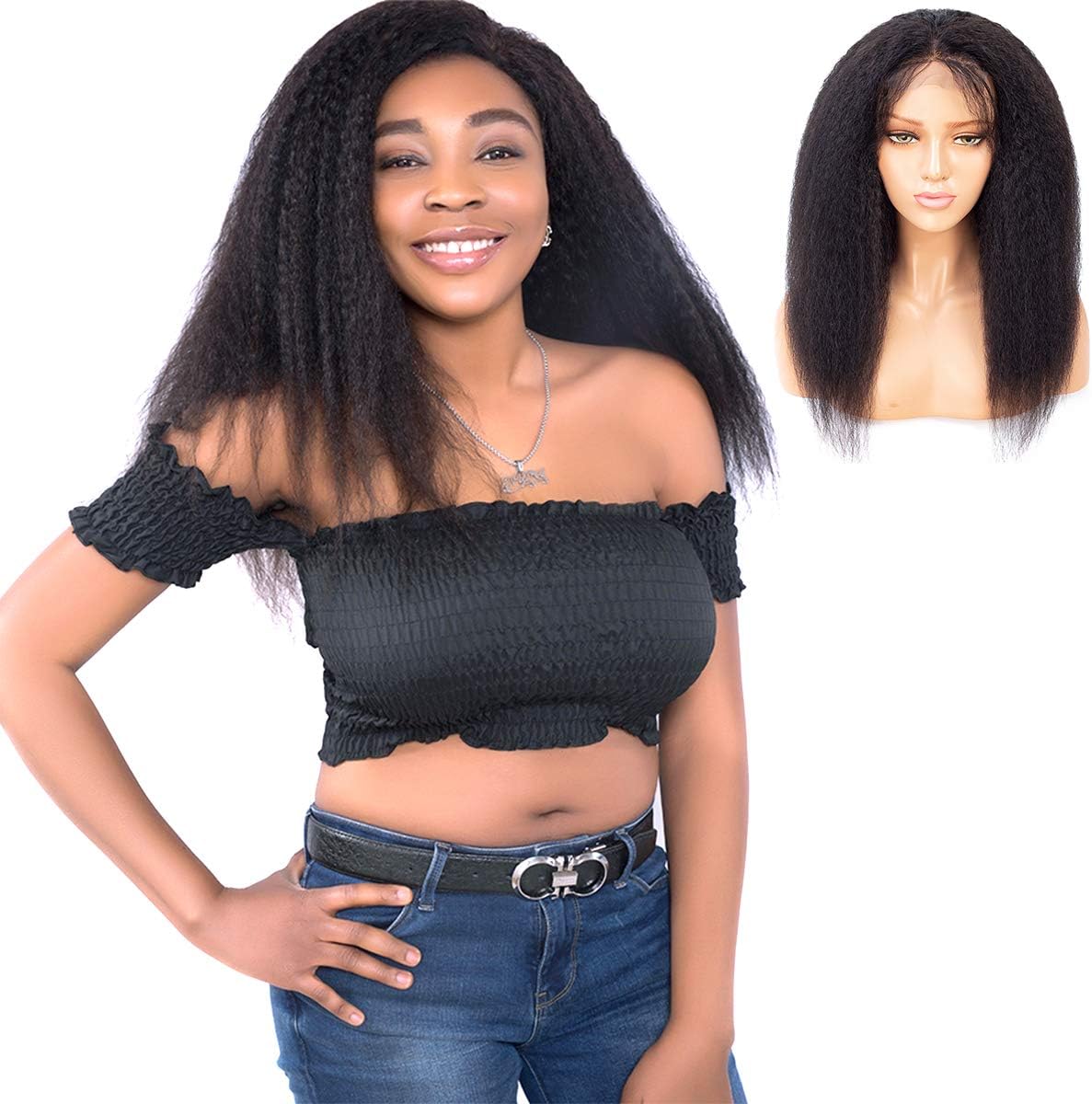 Feelgrace Italian Yaki Straight Lace Closure wigs Human Hair for Black Women 200% Density 4X4 Kinky Straight Lace Closure Wigs 10A Grade Natural Color Lace Wig (16 inches)