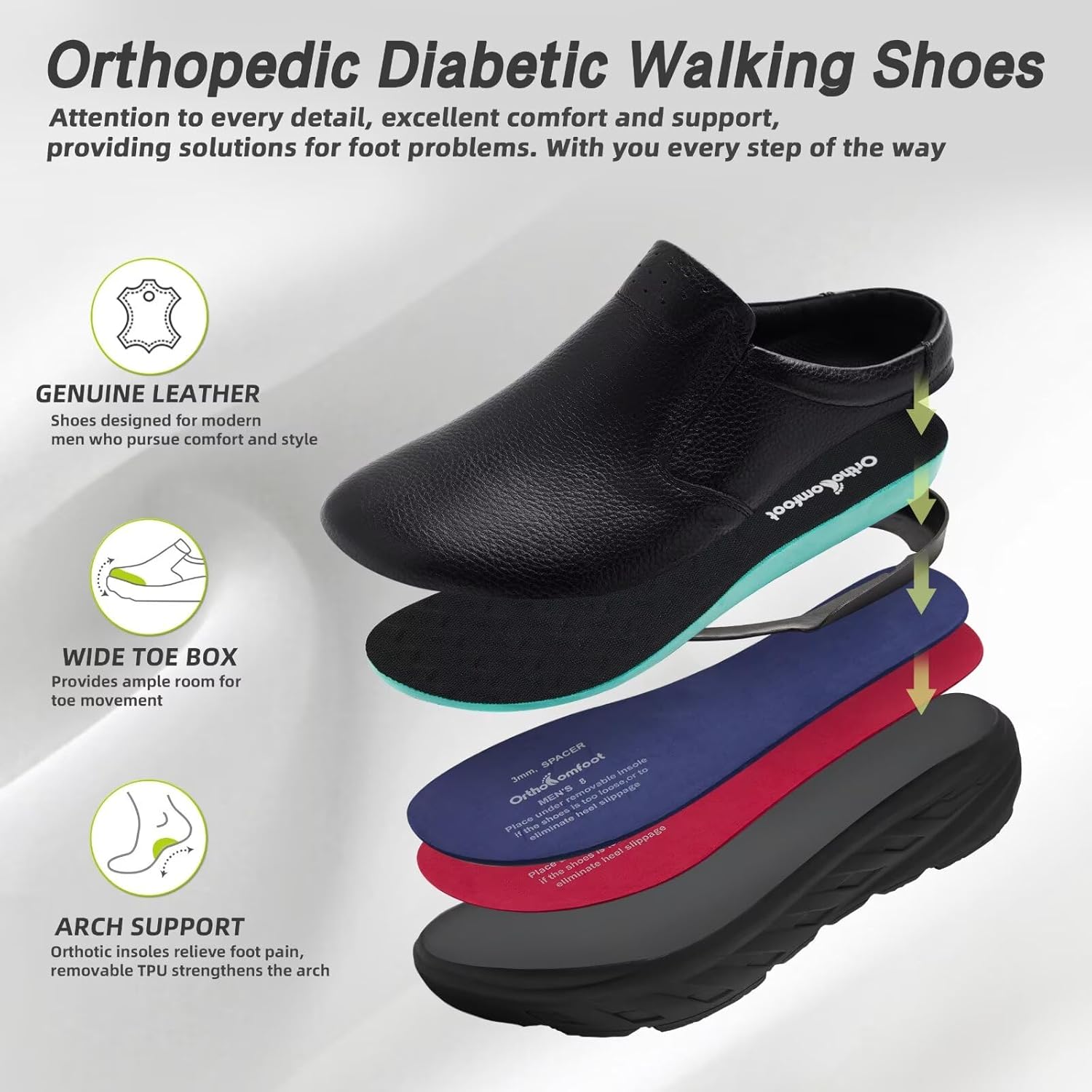 OrthoComfoot Men's Orthopedic Diabetic Wide Slippers: Comfortable Plantar Fasciitis Arch Support Leather Slip On Oxfords, Flat Feet Neuropathy Casual House Loafers for Foot and Heel Pain Relief - Image 7