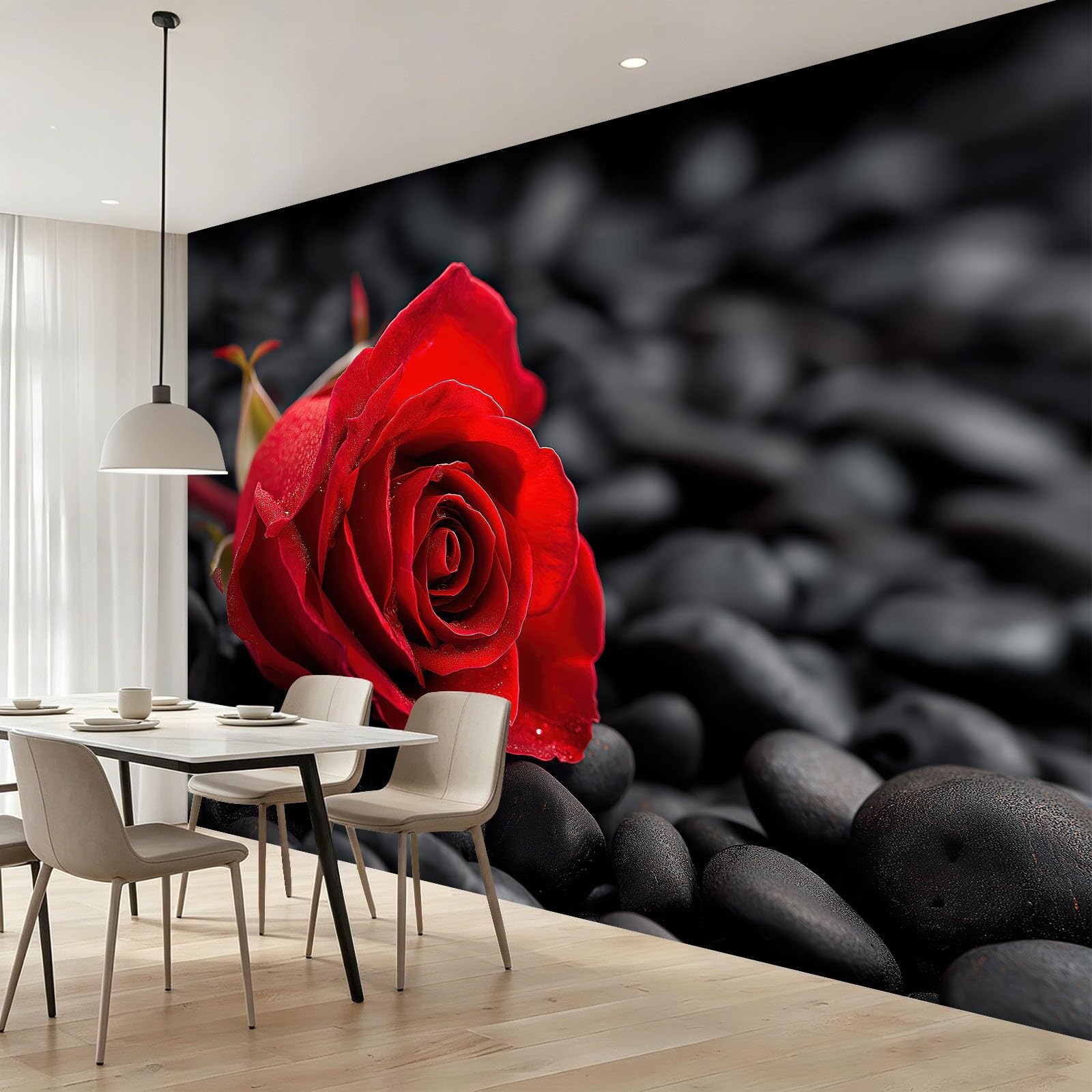 Fototapeta Naturalna Róża Kamyczki Fotografia Czarny Czerwony Włóknina Tapeta Dekoracja Salon Sypialnia Miłośnicy Sztuki, 350 x 256 cm