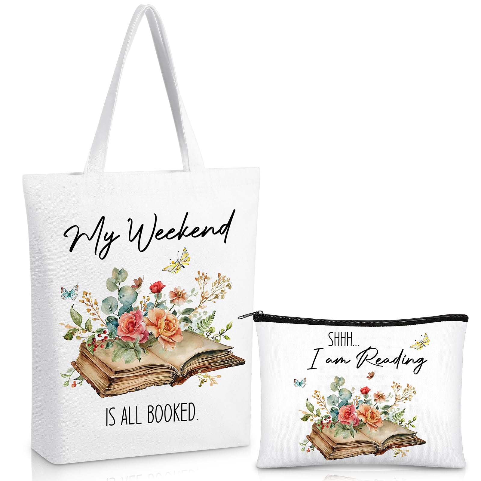 Xuniea 2 Pcs Book Lover Gifts Tote Bag with Makeup Pouch Canvas Set
