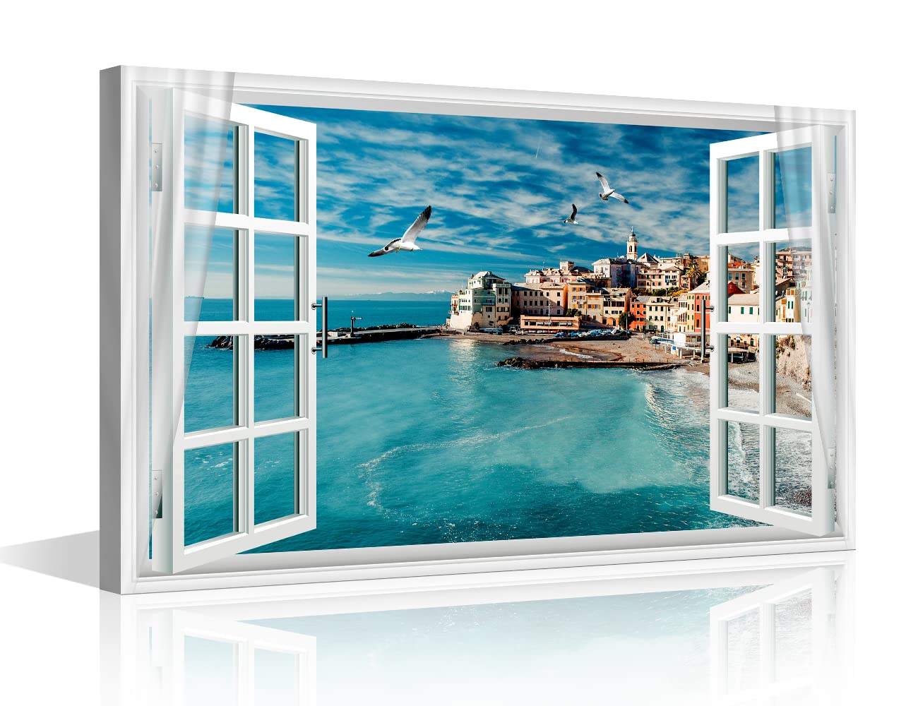 TISHIRON Canvas Wall Art 3D Window View Summertime Art Beach Seaside Picture for Home Office Bathroom Bedroom Stretched Giclee Framed Print Ready to Hang 16x24inch — view 28