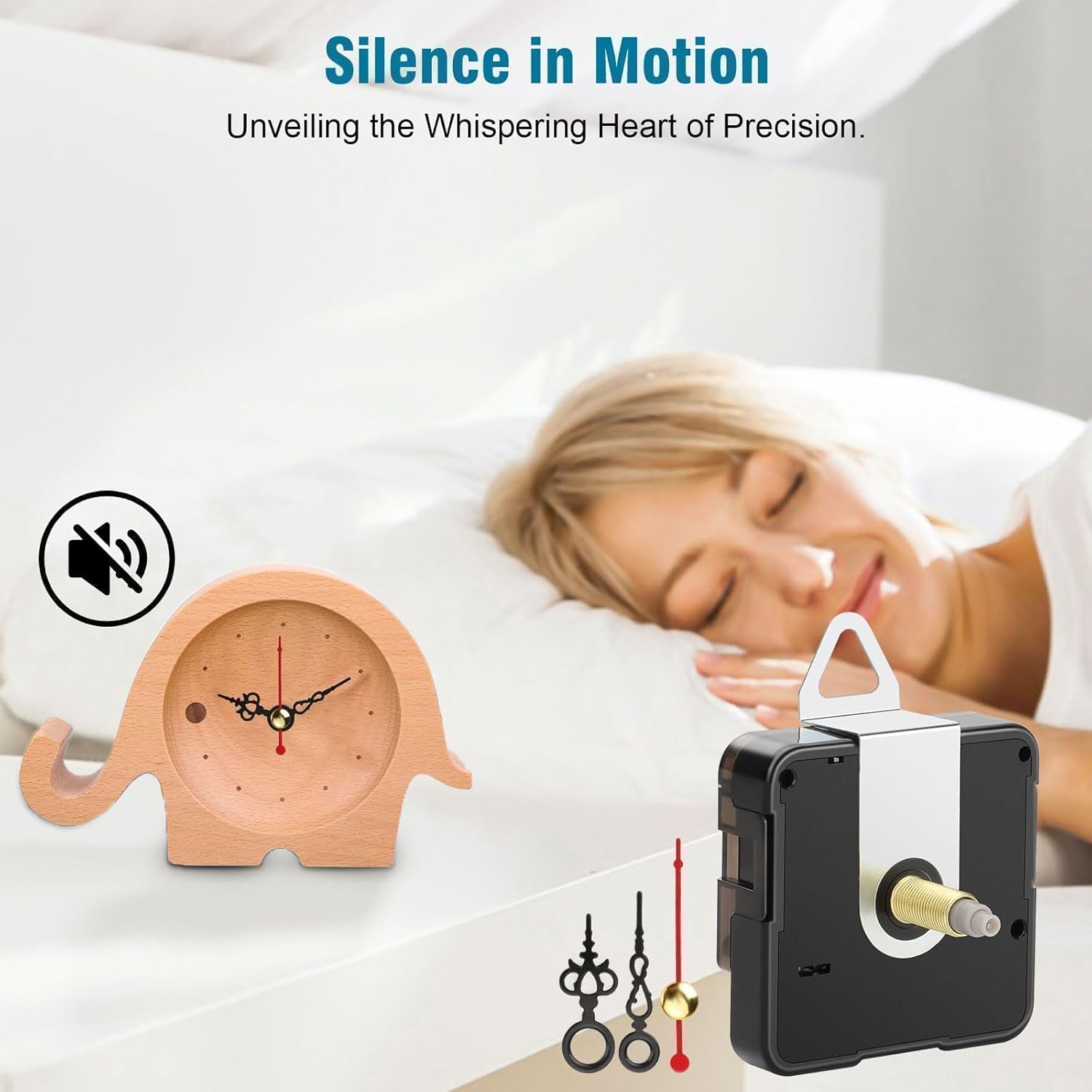 Image depicting a quiet environment with a clock and the clock mechanism, highlighting silent operation