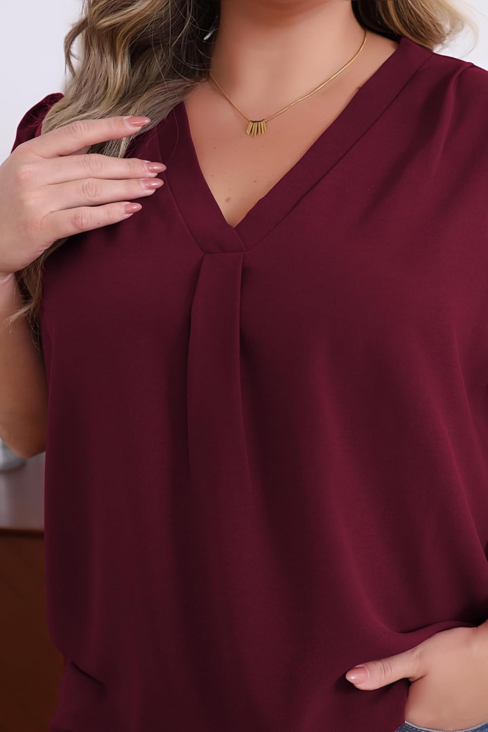 Women's Plus Size Casual Blouses Solid Business Work Tops Petal Short Sleeve V Neck Loose Fit T Shirt Summer Trendy 2026 - Image 5