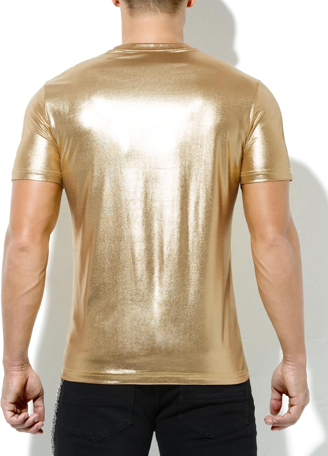Arjen Kroos Men's Sexy Shiny Metallic T-Shirts Short Sleeve Sparkly Shirts Disco Holographic Tops