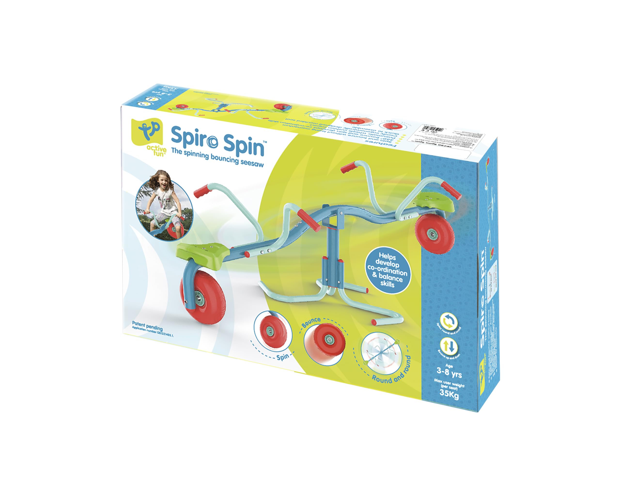 TP Toys Spiro Spin Altalena rimbalzante e Rotante per Bambini dai 3 Anni Piedini Imbottiti Manubrio angolato Ruote in Gomma