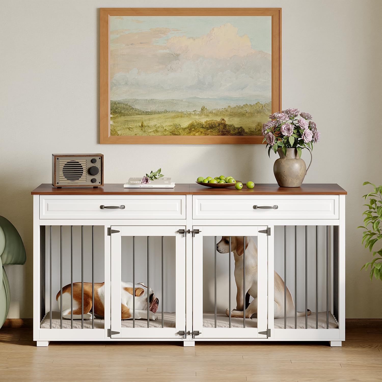 Hundekäfig Schrank XXL, Hundekäfig mit 2 Schubladen und 2 Türen, Hundebox für Zuhause Große/Mittlere Hunde,Beistelltisch, Hundehütte Indoor, Hundehaus für Zuhause, Weiß, 164 x 60 x 80 cm, Eisen