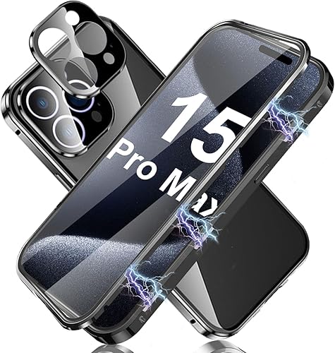 Funda magnética para iPhone 15 Pro Max con funda para cámara protector de cámara moldeado de una pieza, funda de vidrio templado HD de doble cara,