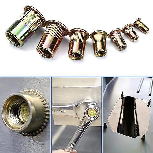 Miniatura 6 de Tuerca de remache, 110 piezas de 14-20UNC de acero al carbono de cabeza plana remachada roscada, cuerpo moleteado (14-20), para decoración de