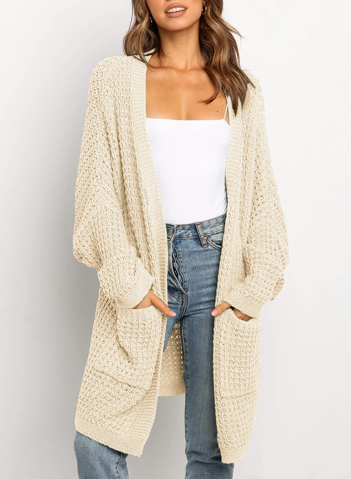 Uusollecy Cardigan Mujer Larga Chaqueta Punto Grueso Monocolor para Otoño e Invierno Abrigo Informal con Bolsillo
