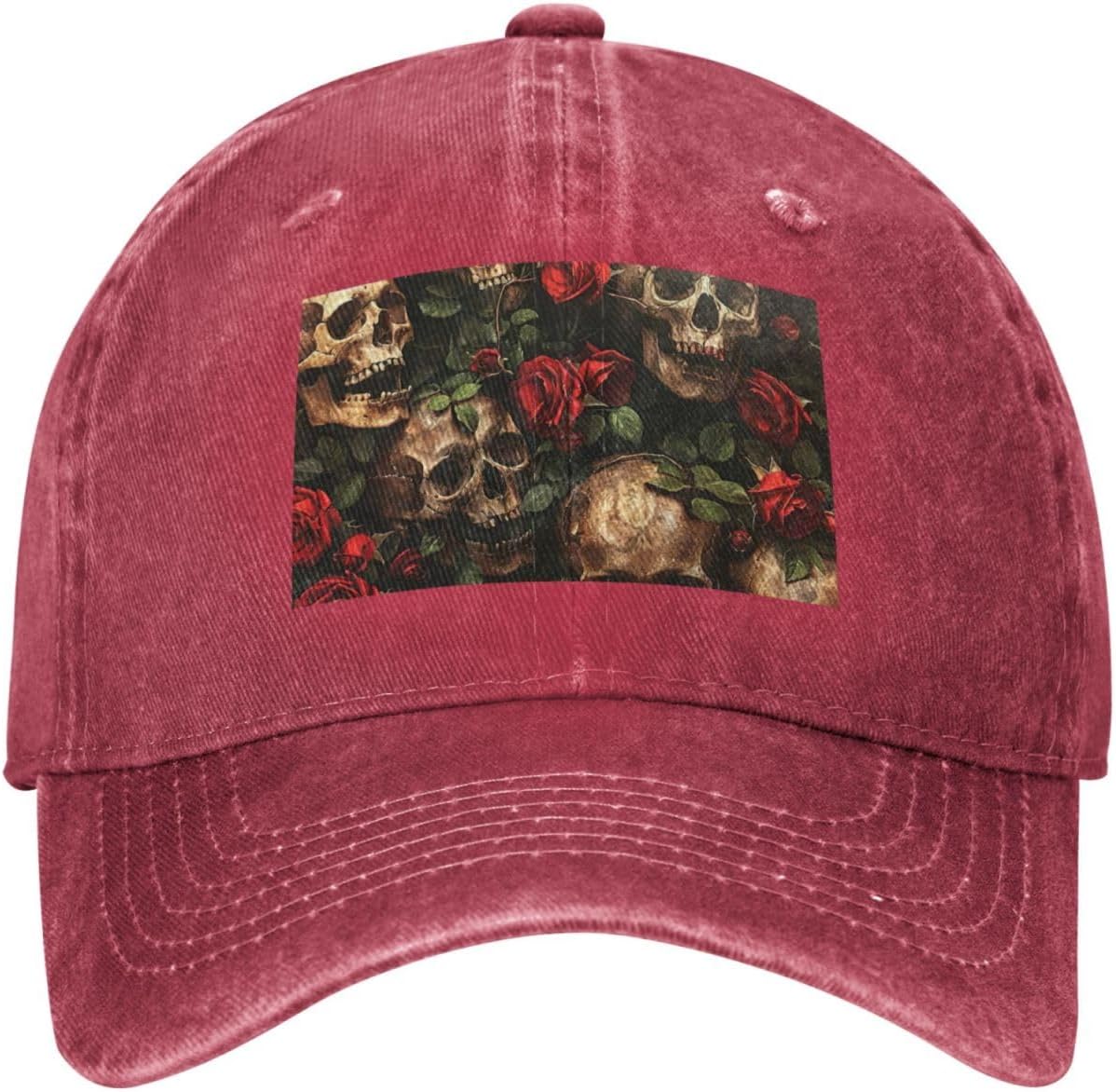 Skull and Red Rose Print Cowboy Hat Personalized Baseball Cap Fashion Hat Cap Funny Gifts for Women Men
