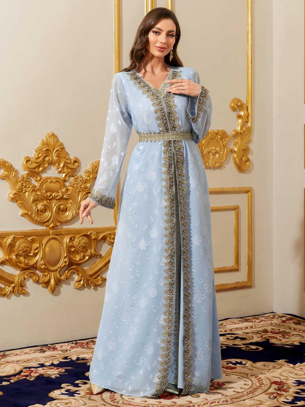 PLWEDDING Traditionelles muslimisches Kaftan Kleid,Blau mit Gold Stickerei,Lange Ärmel,V-Ausschnitt,Maxi Länge,Orientalischer Stil