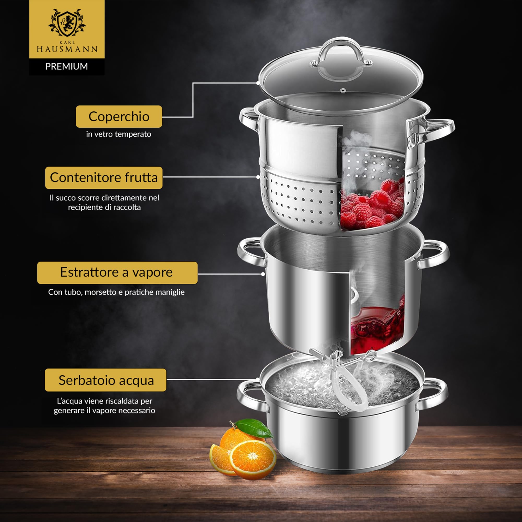 KARL HAUSMANN Pentola per Succhi a Vapore 8L Inox per Induzione, Gas, Vetroceramica ed Elettrico - Estrattore di Succo per Frutta e Verdura, con Tubo, senza BPA, Grande Capacità