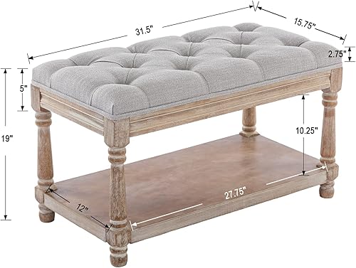 Miniatura 16 de Banco de almacenamiento de madera para entrada, banco otomano tapizado de lino con botones con patas negras para dormitorio, extremo de la cama, 45