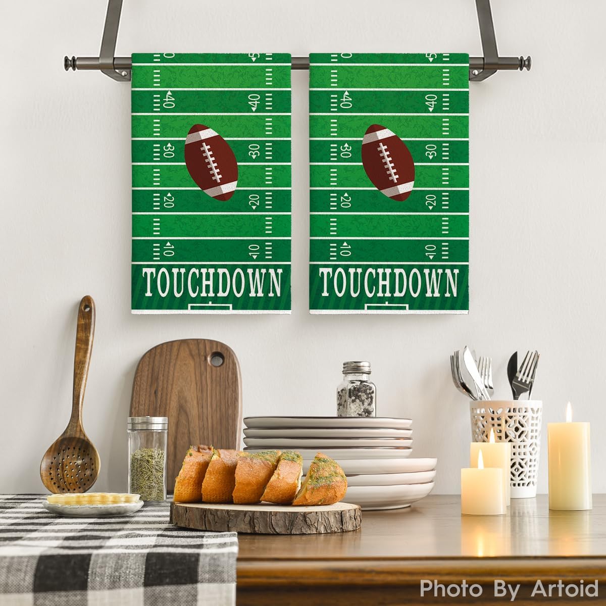 Artoid Mode Green Touchdown Football Kitchen Towels Dish Towels, 18x26 Inch Farmhouse Fall Decoration Hand Towels Set of 2 - Image 2