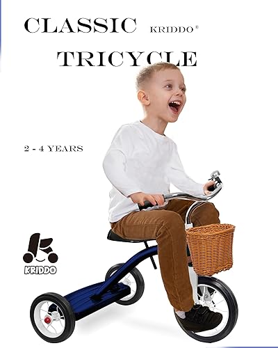 Miniatura 2 de KRIDDO Triciclo clásico de metal para niños pequeños, regalo para niños y niñas de 2 a 4 años, triciclo para niños de 1 a 3 años, cubierta trasera