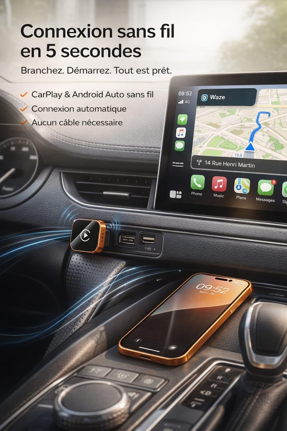Générique Adaptateur CarPlay sans Fil & Android Auto – Plug & Play, Connexion Automatique, USB & USB-C, Compatible iPhone/Android, Voitures avec CarPlay d’Origine