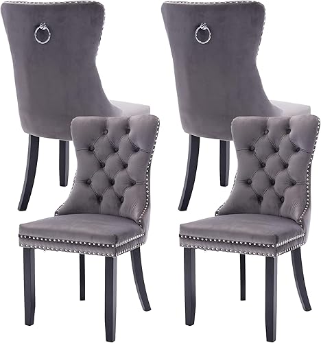 Miniatura 34 de Juego de 4 sillas de comedor de terciopelo, sillas de comedor tapizadas con ribete de cabeza de clavo, patas de madera, anillo de tracción, sillas