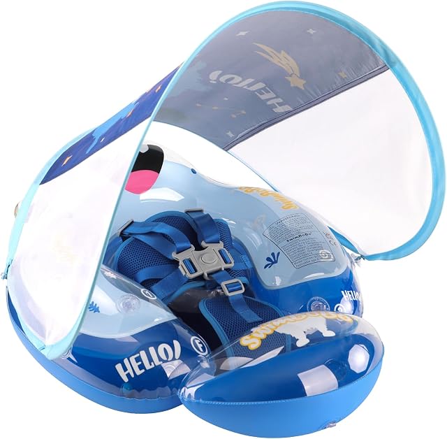 Swimbobo Baby Pool Float Inflatable Infant Swimming Floats with Adjustable Seat and canopy,Size Improved Add Tail Avoid Filp Over Pool Splash & Play Toys for Kids Ages 6-36 Months