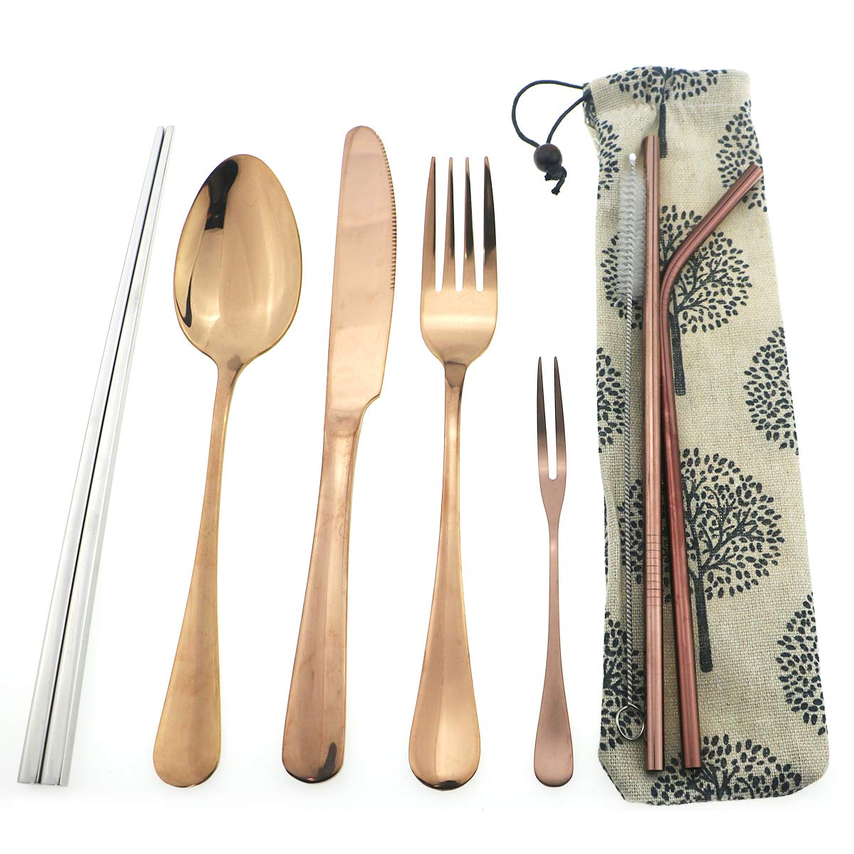 Puzhler Mirror Polished Stainless Steel Flatware Set Reusable Cutlery Set Travel Utensils Set with Straws for Camping Office or School Lunch, Eco-Friendly Portable Camping Silverware Set (Rose Gold)