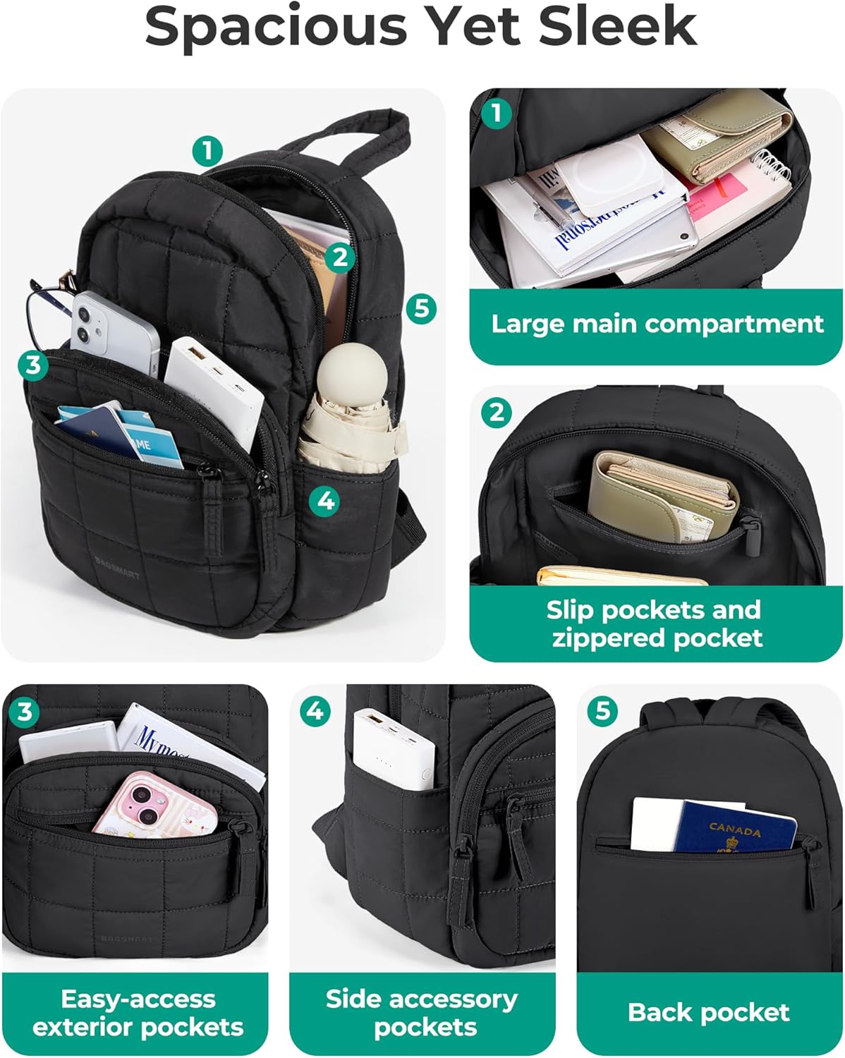 BAGSMART College Laptop Backpack, Travel Backpack for Women, Quilted Casual Daypack, Water-Resistant Bookbag, Mini-9.7 inch, Classic Black - Image 4