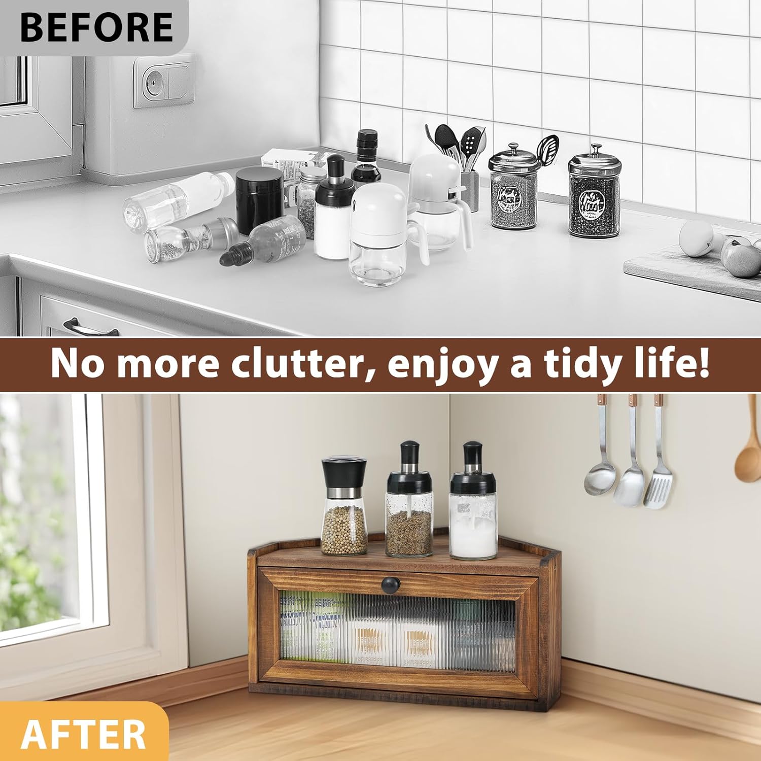 Sunhoo Bread Box for Kitchen Countertop Wooden Corner Breadbox Counter Food Storage Bin Container Farmhouse Rustic Homemade Bread Fresh Keeper Organizer Holder Vintage Stackable with Window (Brown)