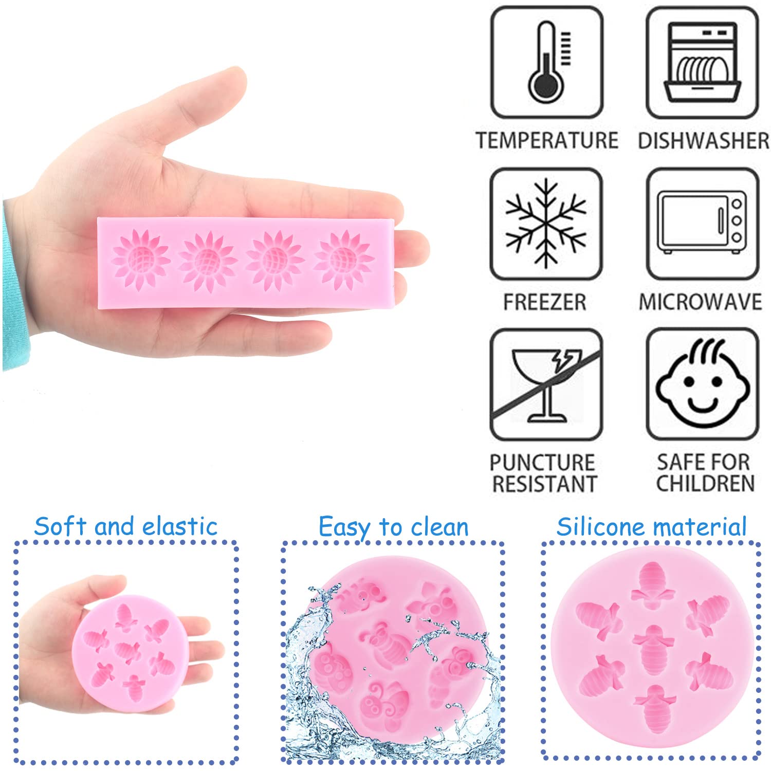 Mujiang Sunflower Silicone Fondant Molds Flower Bumble Bee Mold For Cake Decorating Cupcake Topper Chocolate Gum Paste Candy Polymer Clay Set Of 4